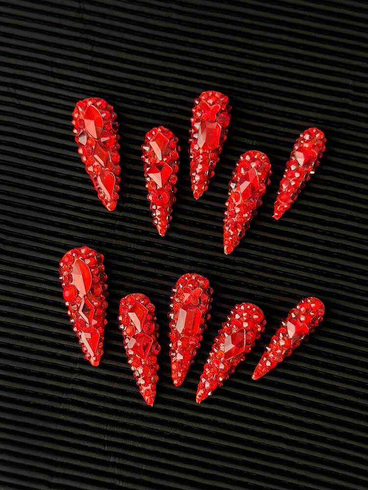 10pcs Long Stiletto Press On Nails, Red Rhinestone Glitter Nail Tips, Handmade 3D Shiny Acrylic Nails For Women Party Or DIY Manicure
