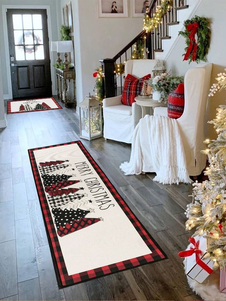 Merry Christmas Red Plaid Door Mat, Non-Slip Washable Entry Rug with Tree Print, Holiday Welcome Mat for Front Door or Home Decor