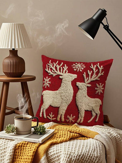 Christmas Reindeer Pillow Cover, 17.7x17.7" Linen Throw Pillowcase, Single-Sided Digital Print Cushion Cover for Sofa, Bed, Car & Holiday Home Decor