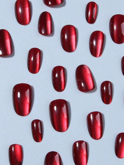 24pcs Short Oval Red Cat Eye Press On Nails, Y2K Blood-Red Glossy Acrylic Nail Set With Jelly Glue & File For Women Daily Or Study Wear