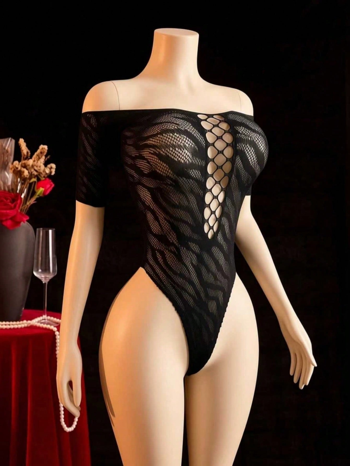 Women Off-Shoulder Mesh Bodysuit With Hollow Detail, Lightweight Fabric Construction, One-Piece Structure, Suitable For General Wear And Styling