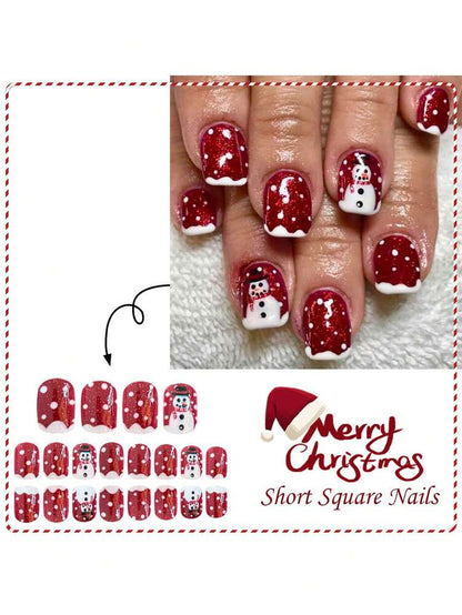 24pcs Short Square Christmas Press On Nails, Cute Snowman And Red Glitter French Tips, Jelly Gel & File Included, Holiday Nail Set For Women