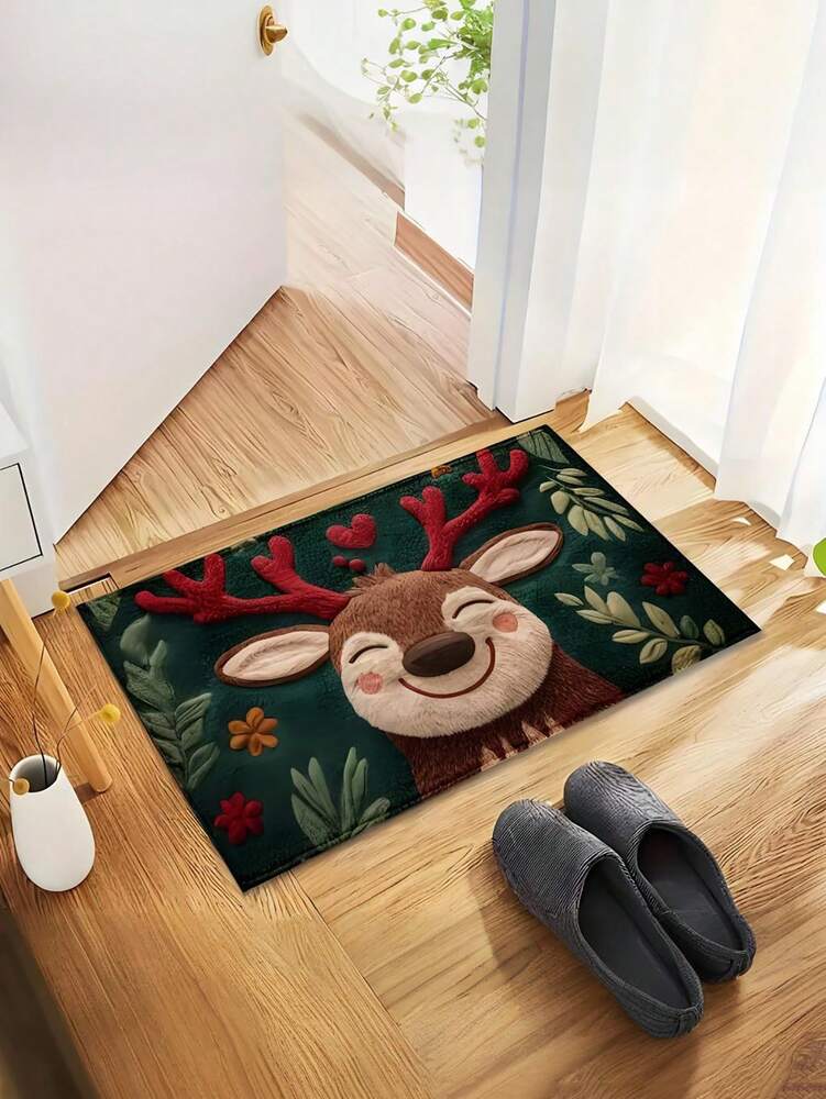 Fluffy Christmas Deer Microfiber Bath Mat, Quick-Dry and Absorbent Holiday Floor Rug for Bathroom, Kitchen or Home Decor