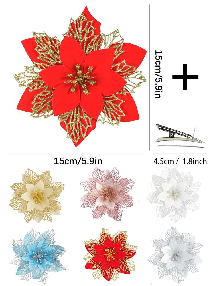 10pcs Glitter Poinsettia Ornaments with Clips & Stems, Sparkling Artificial Christmas Décor for Trees & Wreaths