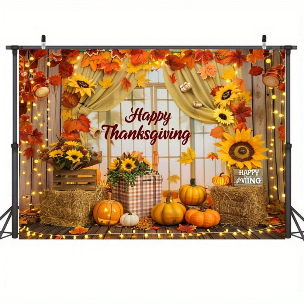 Thanksgiving Polyester Banner Backdrop, Pumpkin and Sunflower Harvest Theme, Non-Electric Autumn Decoration for Wall, Party, or Photo Booth Display