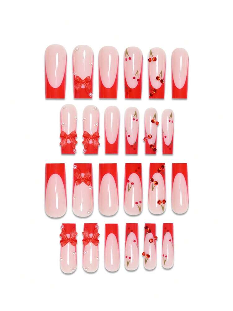 24pcs Soft French Press On Nails, Black And Red Plum Blossom Pattern, Romantic Dark Style Nail Set With File For Women Daily Wear