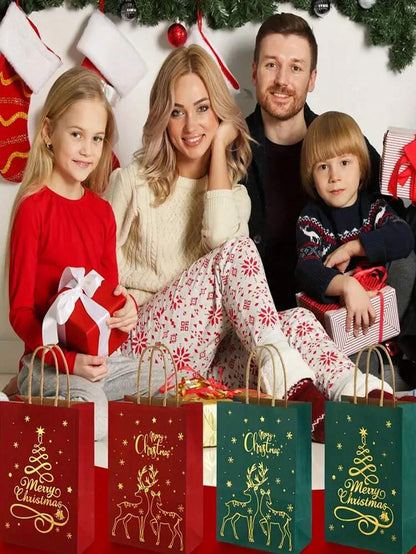 48pcs Christmas Paper Gift Bags with Handles, Red & Green Reindeer and Tree Pattern Foldable Shopping Bags for Holiday Packaging & Home Decor