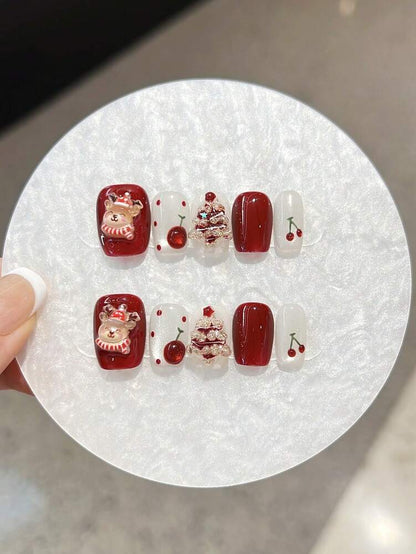 10pcs Handmade Christmas Press On Nails, Short Nails With Tree Reindeer And Cherry Decorations, Acrylic Nail Set For Women Holiday Gift