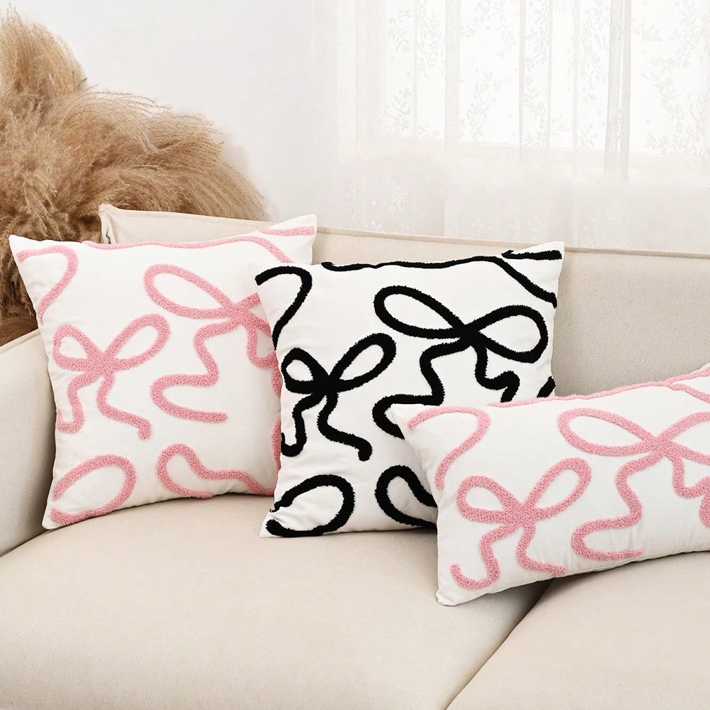1pc 3D Bow Embroidered Pillow Cover, Cute Decorative Cushion Case for Sofa or Bedroom, Soft Girly Design Without Insert