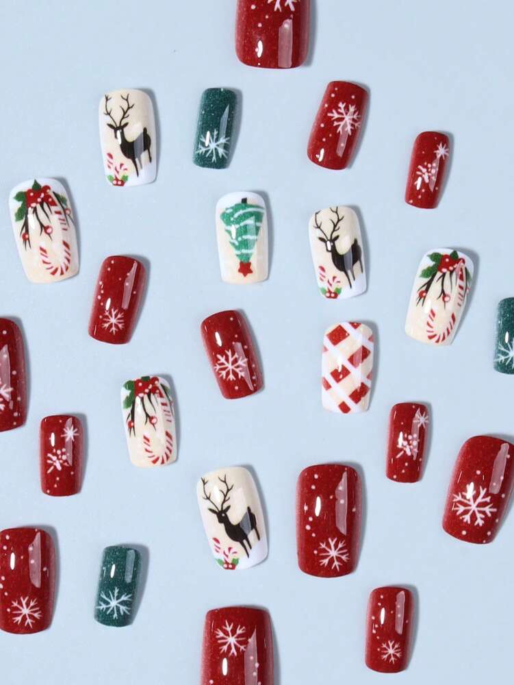 24pcs Short Square Christmas Press On Nails, Tree Snowman Elk French Tip Design, Acrylic False Nail Set With Glue & File For Holiday Use