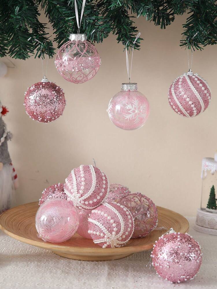 12pcs Clear Pink Christmas Ball Ornaments, 3.15-Inch Shatterproof Decorative Tree Baubles, Elegant Rustic Hanging Decorations for Holiday Parties