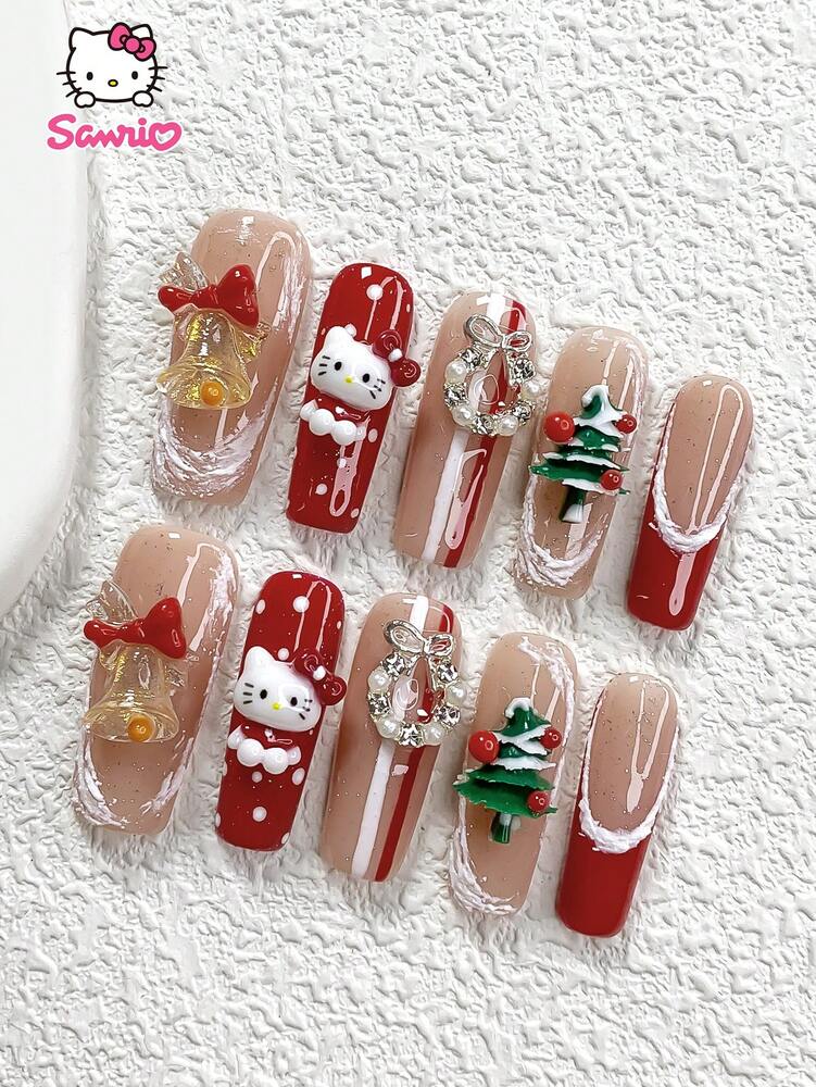 10pcs Christmas Press On Nails, 3D Hello Kitty Red French Tips With Bells And Wreath Charms, Handmade Snowflake Design Acrylic Nails Holiday Gift