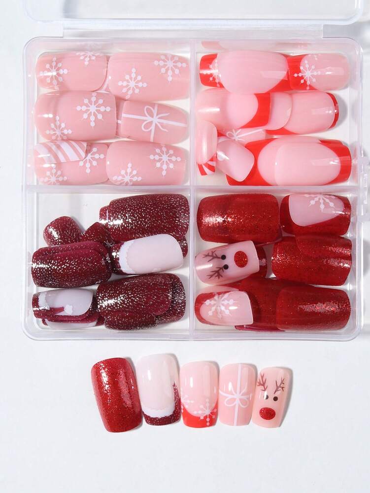 96pcs Short Square Christmas Press On Nails, Snowman Gingerbread Candy Cane Tree Star Design, Acrylic Nail Set With Jelly Glue & File For Holiday Look