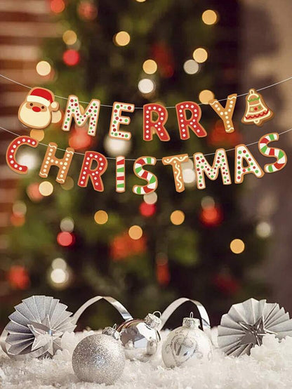 Merry Christmas Pennant Flag Banner, Santa Claus and Gingerbread Design, Festive Party Garland for Holiday Celebrations and Home Decor