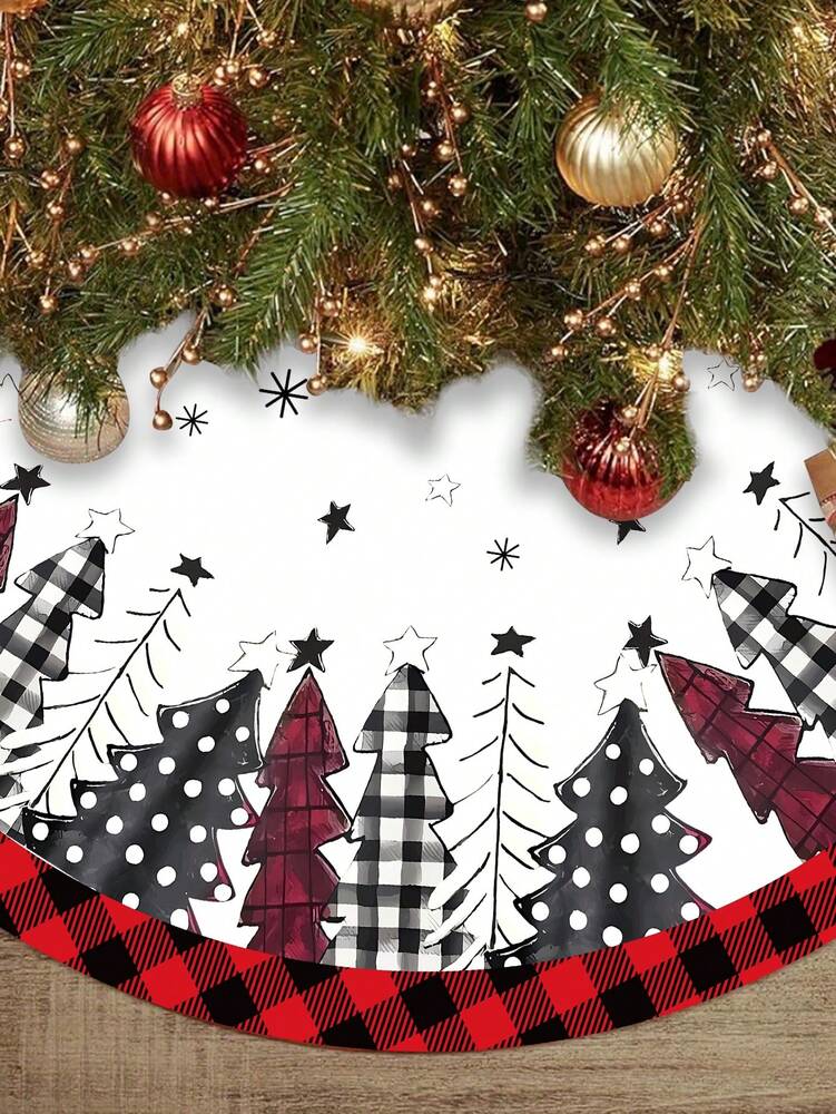 Red & Black Plaid Christmas Tree Skirt, Snowflake Pattern Round Tree Mat, Soft Decorative Base Cover for Living Room & Winter Holiday Home Decor