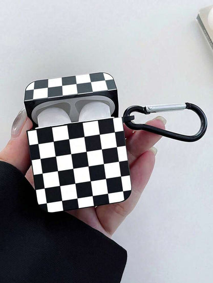 Checkerboard AirPods Case, Black Retro Check Cover with Metal Hook, Compatible with AirPods 1/2/3/Pro/Pro 2, Protective Stylish Design