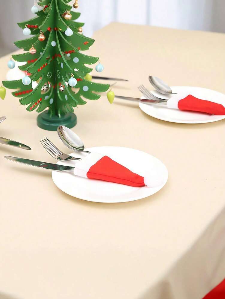 24pcs Mini Santa Hats, Red and White Pom-Pom Table Accessories for Christmas Dining, Wine Bottles, and Party Decorations