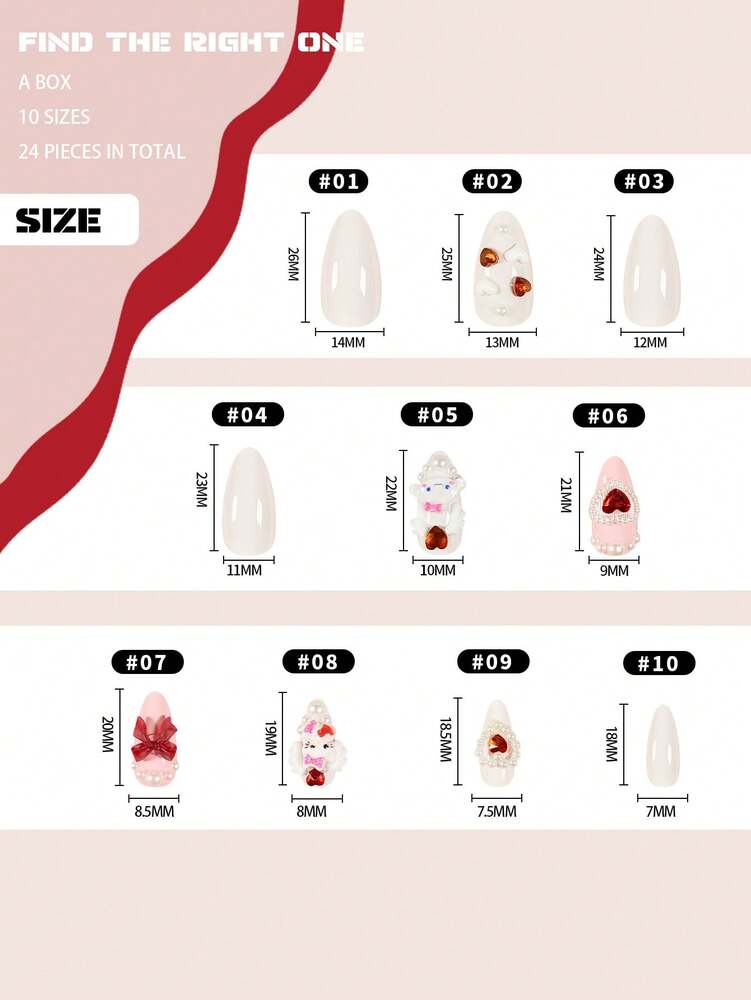 24pcs Medium Almond Press On Nails, 3D Cute Kitty And Puppy Design With Pearl Bow Heart Gems, Sweet Nail Set For Women Date Party Wear
