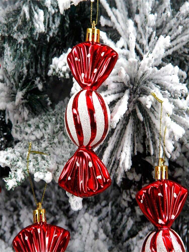 6pcs Red & White Plastic Christmas Ornaments, Striped, Polka Dot & Gingerbread Designs, Durable Lightweight Tree Decorations for Home & Holiday Decor