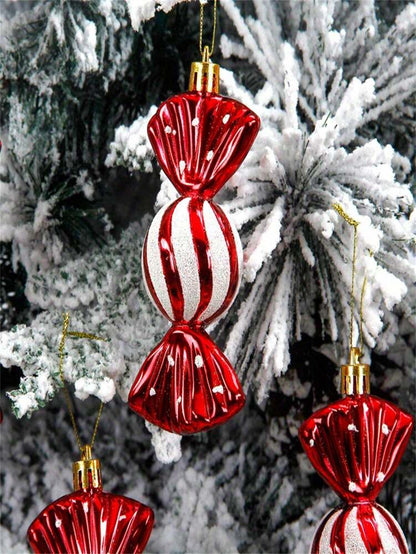 6pcs Red & White Plastic Christmas Ornaments, Striped, Polka Dot & Gingerbread Designs, Durable Lightweight Tree Decorations for Home & Holiday Decor