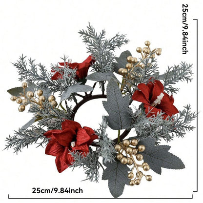 Christmas Candle Ring Holder with Red Flowers, Gold Berries & Greenery, Holiday Table Centerpiece