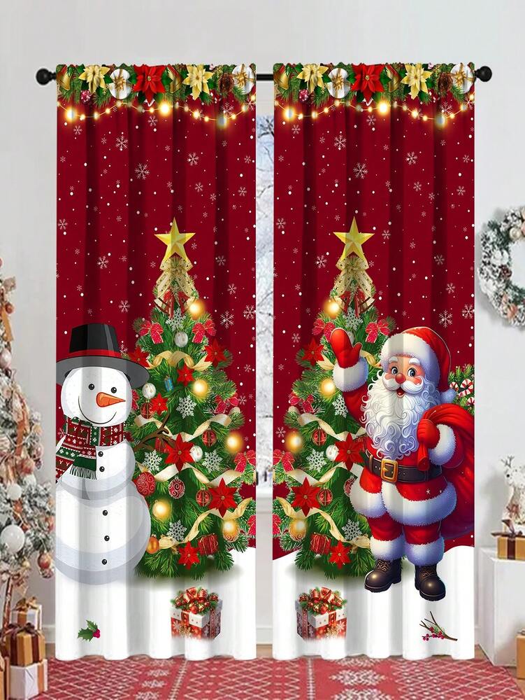 Santa Claus & Snowman Christmas Curtain Valance, 1–2 Piece Polyester Window Decor with Rod Pocket for Kitchen, Living Room or Bedroom