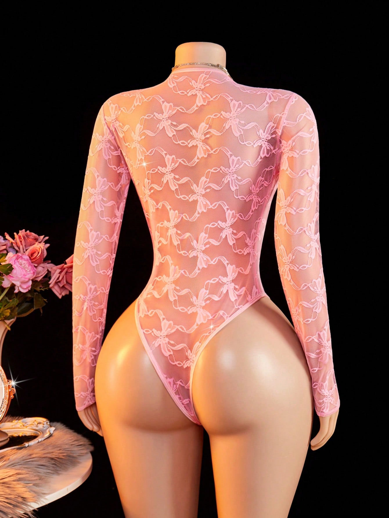 Women Mesh Long Sleeve Bodysuit With Floral Print And Front Tie Detail, Lightweight Fabric Construction, One-Piece Structure, Suitable For General Wear And Styling