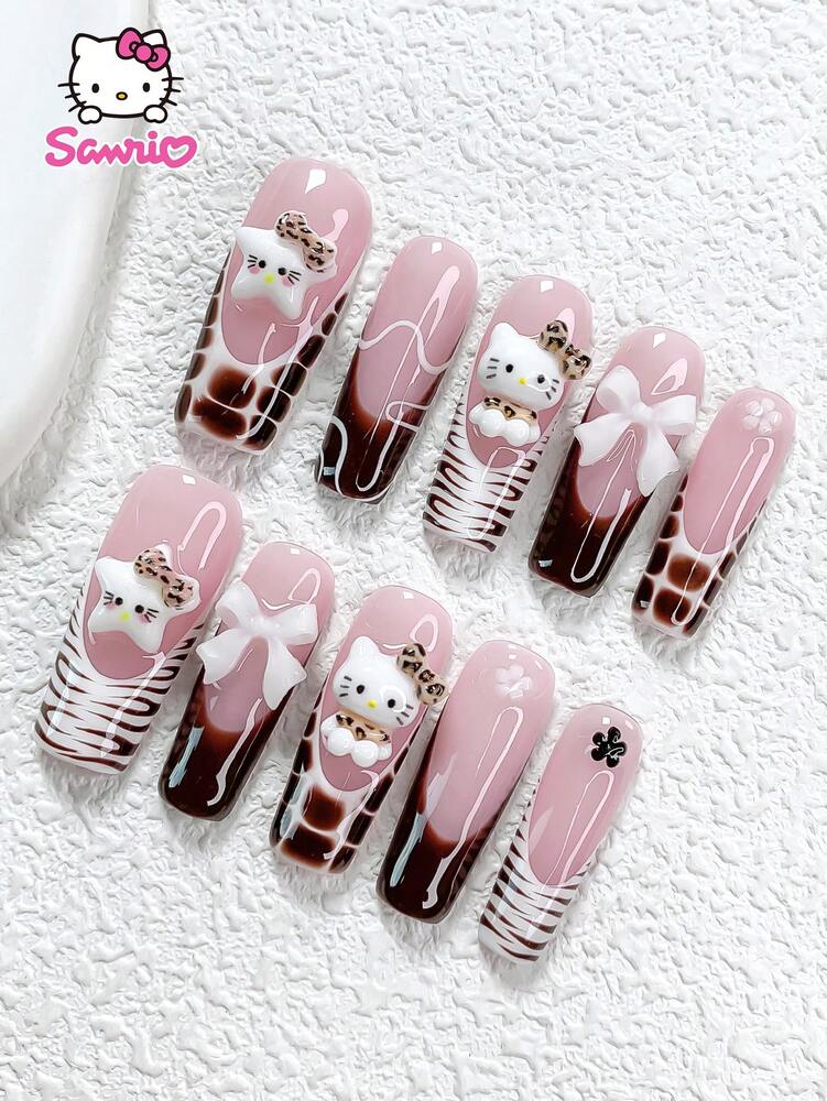 10pcs Sanrio Long Coffin Press On Nails, Brown Hello Kitty With Bow And Zebra Print, Glossy French Acrylic Nail Set For Women Party Wear