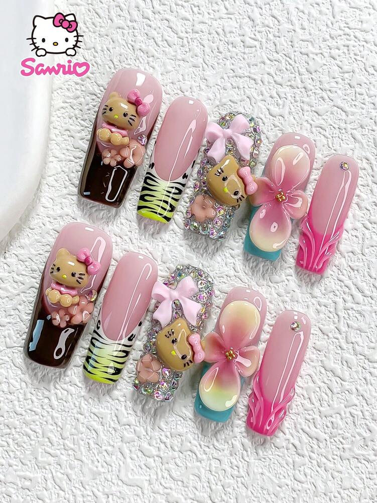10pcs Sanrio Autumn Press On Nails, Duckbill Almond Coffin Mix With Brown Kitty And Gradient Pink Diamond Nails, Luxury Rhinestone Nail Set