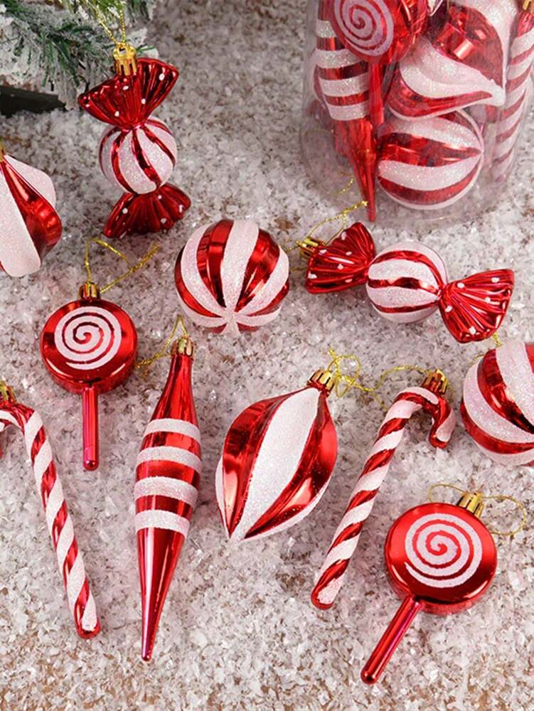 14/24pcs Red Candy Cane Ball Ornaments, Shatterproof Christmas Tree Hanging Decorations, Perfect for Holiday Home Decor and Gift Ideas