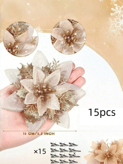 10-Piece Champagne Gold Poinsettia Set, Glitter Artificial Christmas Flowers for Tree, Wreath & Vase Decor, Elegant Holiday Home & Wedding Decorations