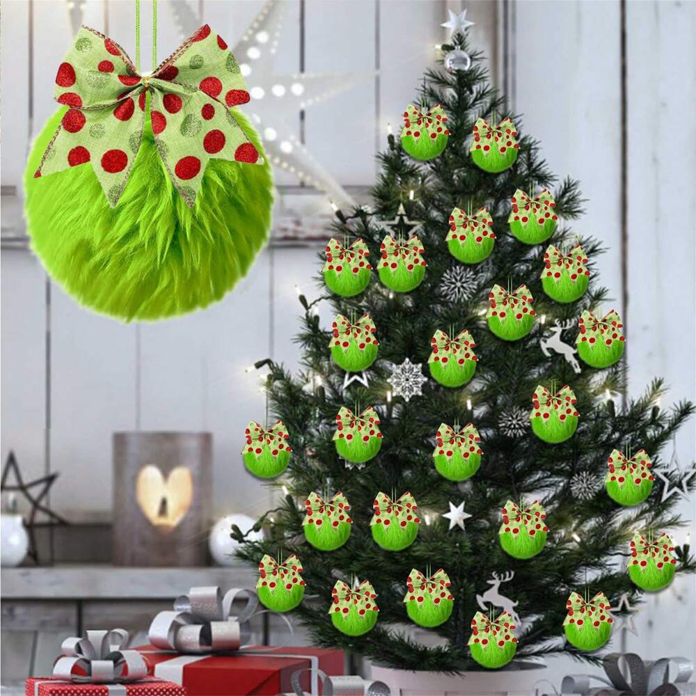 12pcs Green Plush Christmas Tree Hanging Ornaments with Bows, Soft and Festive Holiday Decorations for Home, Tree, or Office Display