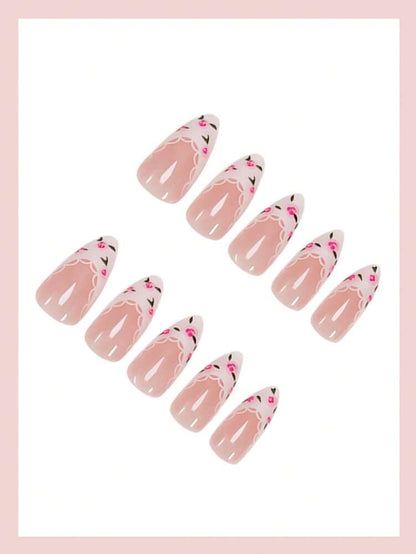 24pcs Medium Almond Press On Nails, White French Tips With Floral Pattern, Chic Full Cover Acrylic Nails For Women Summer Daily Wear