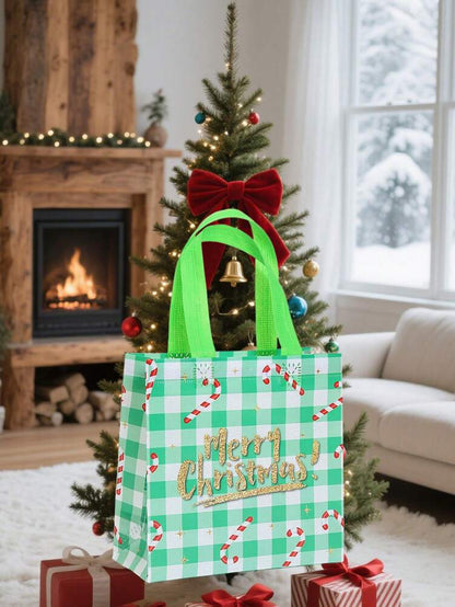 25pcs Red & Black Plaid Christmas Gift Bags, Non-Woven Holiday Tote Bags with Reindeer & Stocking Prints