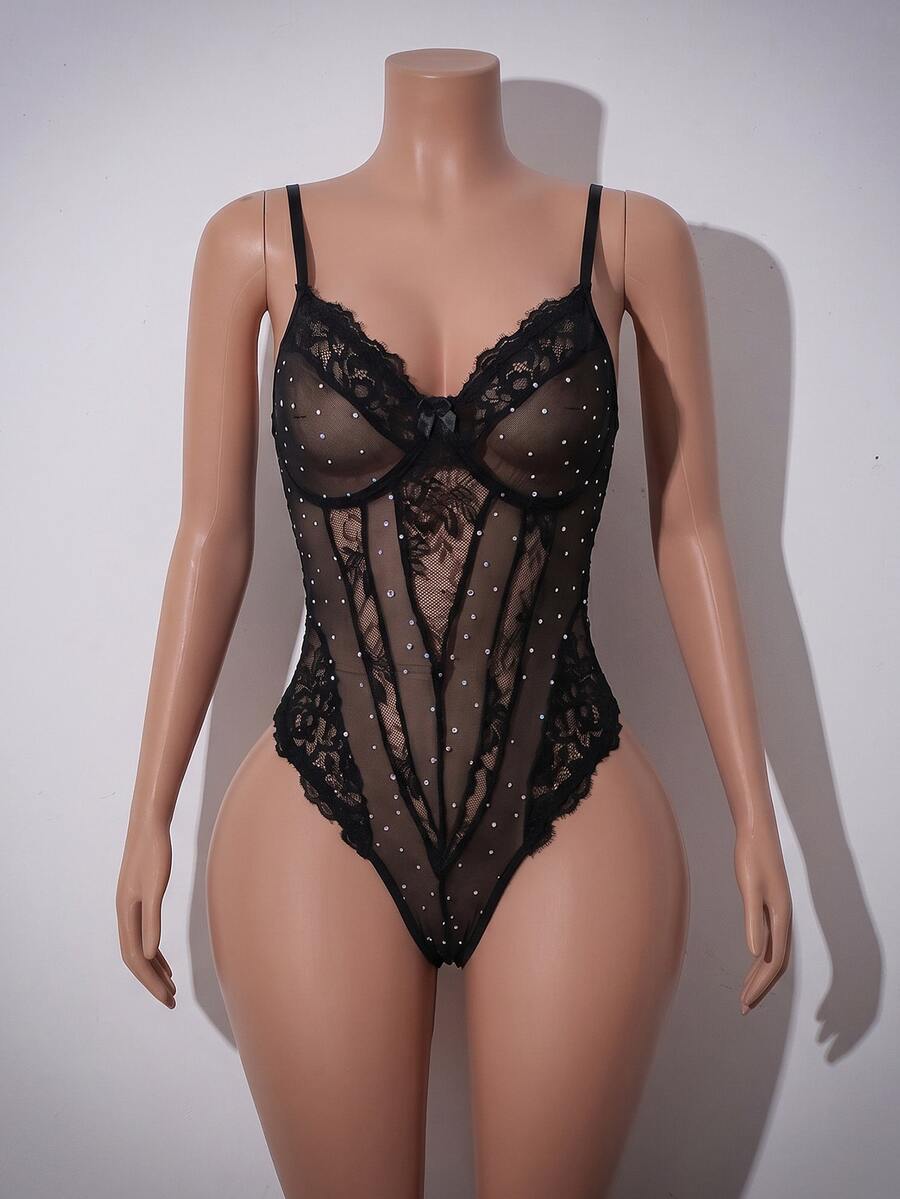 Black sheer contrast lace mesh jumpsuit for women featuring underwire support and adjustable spaghetti straps