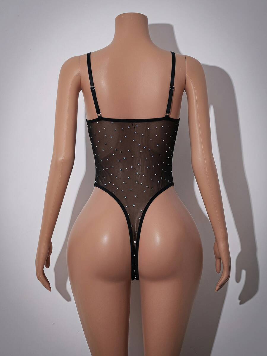Black sheer contrast lace mesh jumpsuit for women featuring underwire support and adjustable spaghetti straps