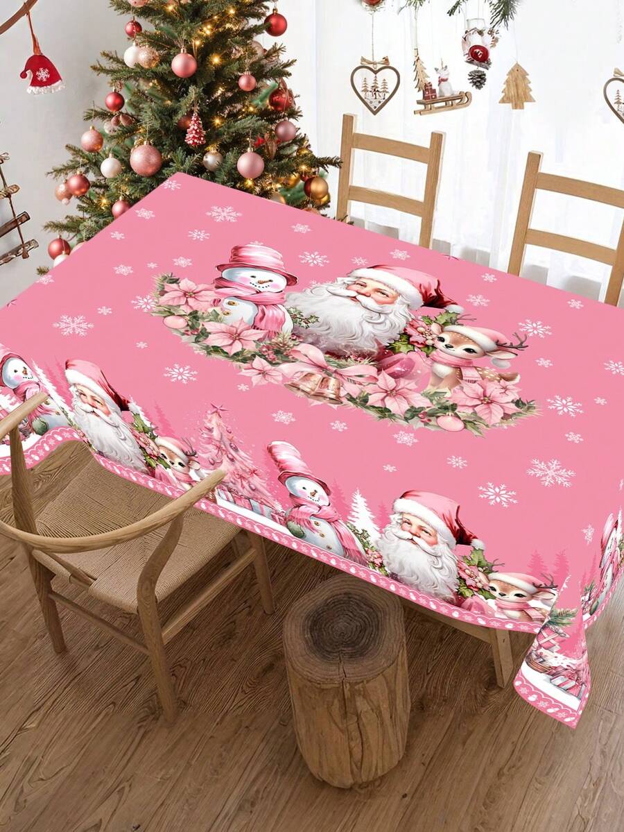 Festive Christmas Tablecloth with Snowman & Reindeer Wreath Design, Polyester Winter Table Cover for Dining Room & Kitchen Holiday Decor