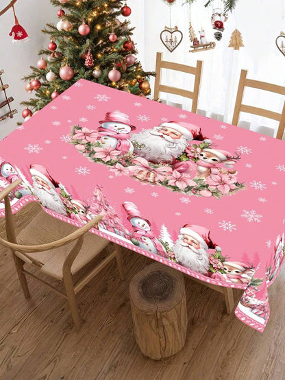 Festive Christmas Tablecloth with Snowman & Reindeer Wreath Design, Polyester Winter Table Cover for Dining Room & Kitchen Holiday Decor