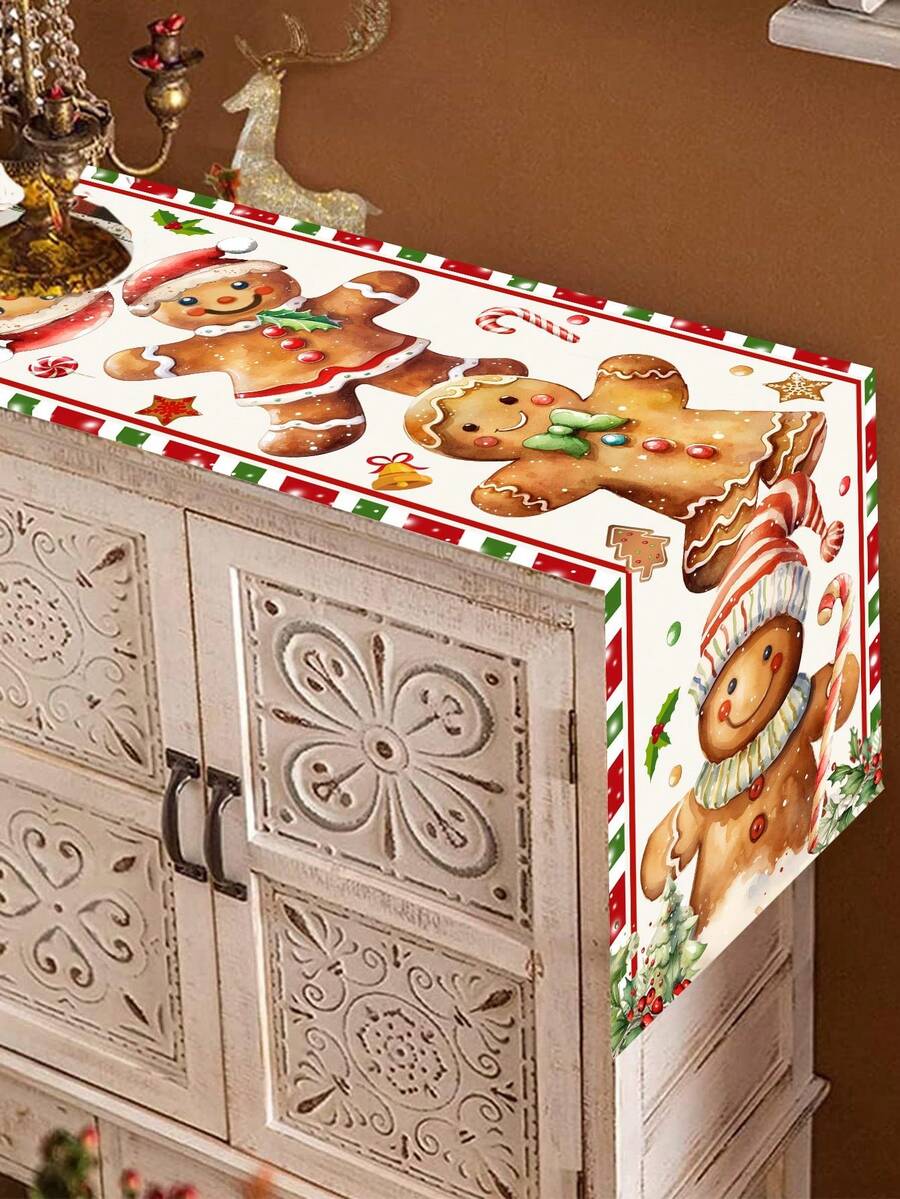 Gingerbread Man Christmas Table Runner, 35x180cm Polyester Holiday Table Flag, Festive Dining Room Décor for Christmas & Winter Home Use