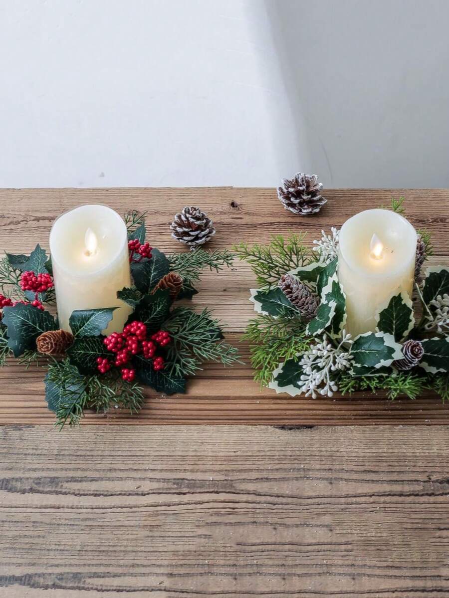 Christmas Candle Ring Holder with Red Flowers, Gold Berries & Greenery, Holiday Table Centerpiece