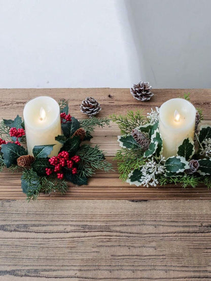 Christmas Candle Ring Holder with Red Flowers, Gold Berries & Greenery, Holiday Table Centerpiece