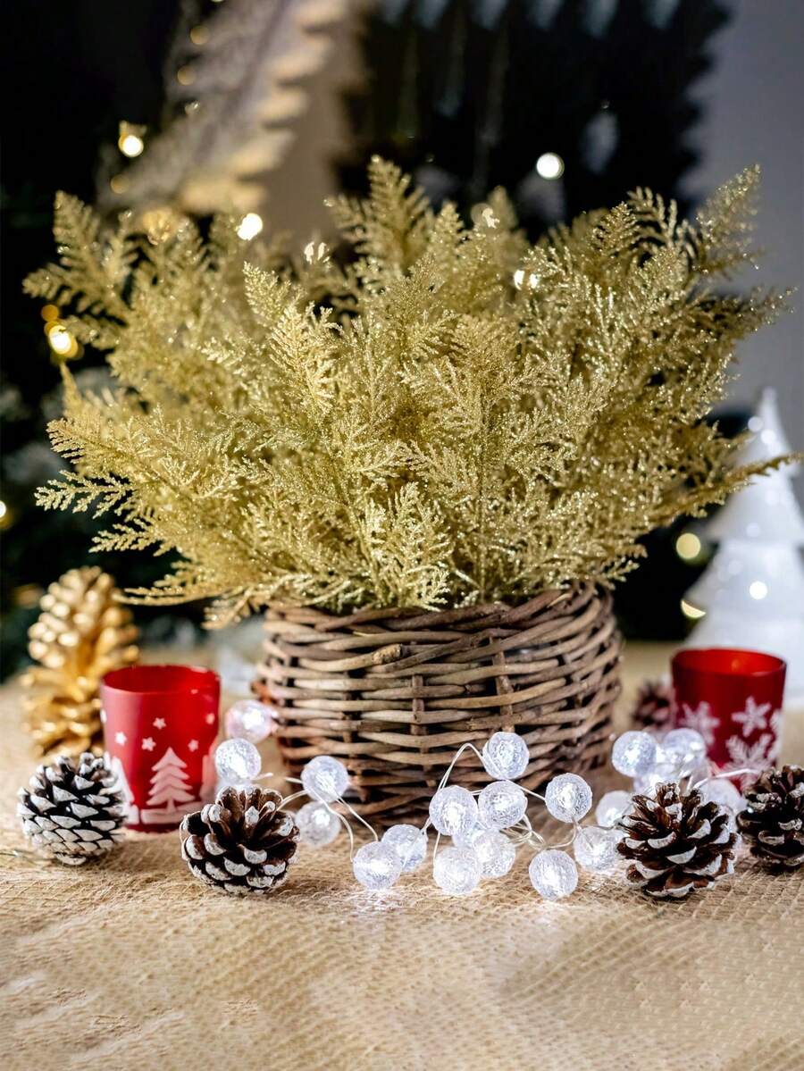 20pcs Glitter Cedar Pine Needles with Sequins, Artificial Blue and Pink Leaves for DIY Garlands, Wedding Bouquets, and Winter Holiday Home Decor