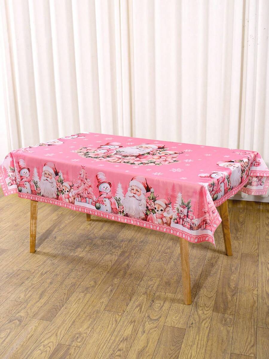 Festive Christmas Tablecloth with Snowman & Reindeer Wreath Design, Polyester Winter Table Cover for Dining Room & Kitchen Holiday Decor