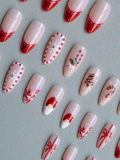 24pcs Almond Christmas Press On Nails, Red Santa Hat Short False Nails, Holiday Nail Set For Women, Office, Date, Party & Everyday Wear