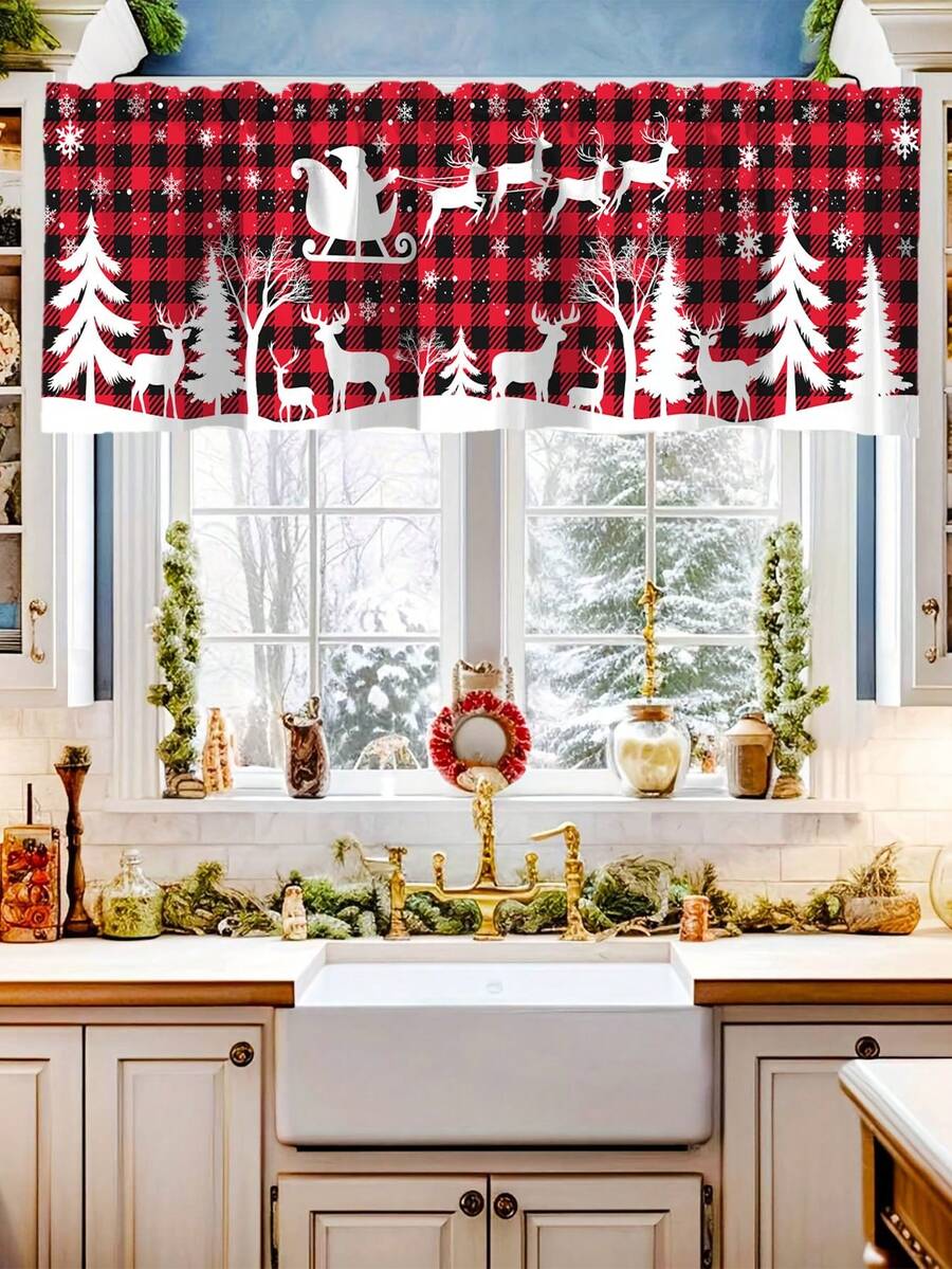 Santa Claus & Snowman Christmas Curtain Valance, 1–2 Piece Polyester Window Decor with Rod Pocket for Kitchen, Living Room or Bedroom