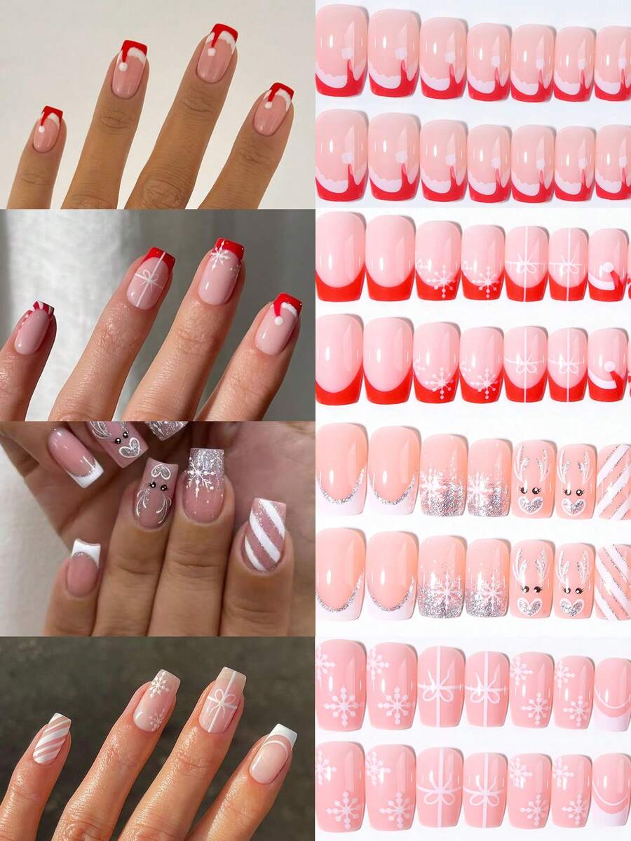 24pcs Christmas Press-On Nails, Short Square Snowman Design with Glitter French Tips, Acrylic False Nail Set with Jelly Glue & File for Holiday Wear