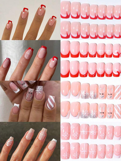 24pcs Christmas Press-On Nails, Short Square Snowman Design with Glitter French Tips, Acrylic False Nail Set with Jelly Glue & File for Holiday Wear
