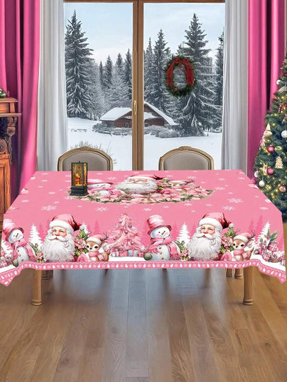Festive Christmas Tablecloth with Snowman & Reindeer Wreath Design, Polyester Winter Table Cover for Dining Room & Kitchen Holiday Decor
