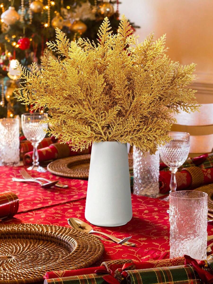 20pcs Glitter Cedar Pine Needles with Sequins, Artificial Blue and Pink Leaves for DIY Garlands, Wedding Bouquets, and Winter Holiday Home Decor