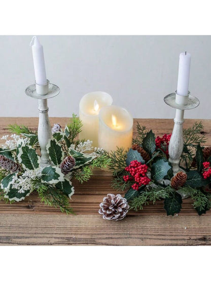 Christmas Candle Ring Holder with Red Flowers, Gold Berries & Greenery, Holiday Table Centerpiece